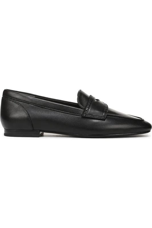Black leather slip on penny loafer side view