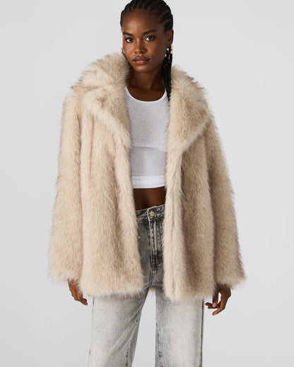 soft cream faux fur — soft cream open-front faux fur jacket with notched lapels, front view open