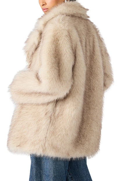 soft cream faux fur — soft cream open-front faux fur jacket with notched lapels, side back view