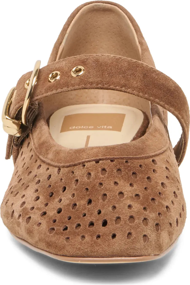 suede mary jane flat front close-up view