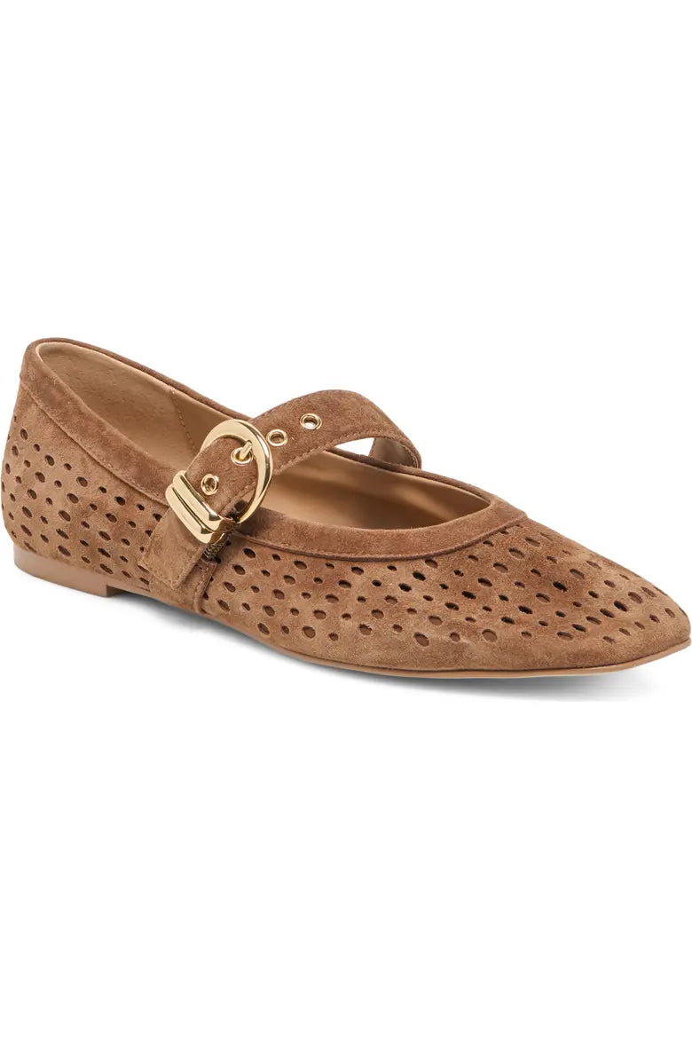 suede mary jane flat three-quarter view front buckle