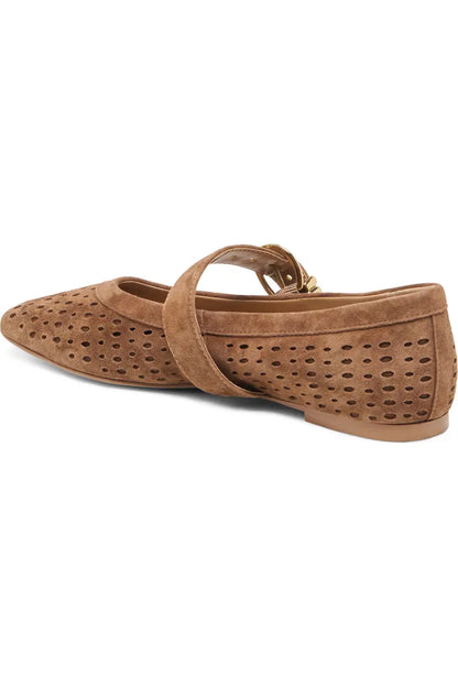 suede mary jane flat three-quarter view heel