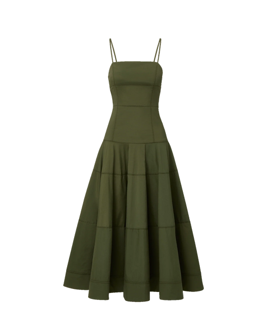 tailored midi sundress green — army green sleeveless midi sundress with spaghetti straps and square neckline, flat front view