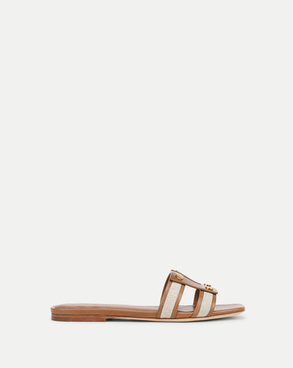 tan leather canvas slide — tan leather and canvas multi-strap slide sandal with gold hardware, side view
