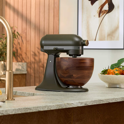 tilt head stand mixer — tilt-head 5-quart stand mixer with walnut wood bowl, front view