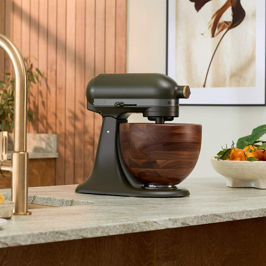 tilt head stand mixer — tilt-head 5-quart stand mixer with walnut wood bowl, front view