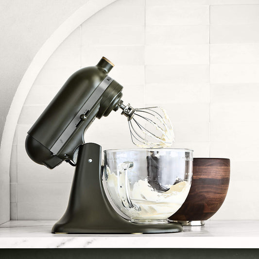 tilt head stand mixer — 5-quart stand mixer with walnut wood bowl, side view